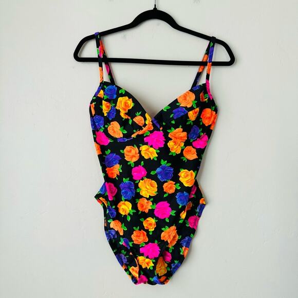 Victoria’s Secret vintage black neon floral Floral 1 Piece Swim Suit woman’s 14C - Picture 1 of 12